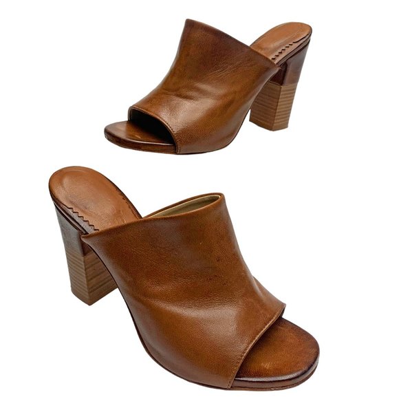MARTE'S Walnut Brown Leather Open Toe Block Heel Mules - Picture 3 of 10